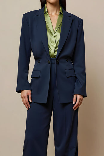 2 Piece Navy Notched Lapel Long Sleeves Business Suits with Pockets