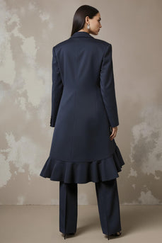 2 Piece Navy Notched Lapel Long Sleeves Business Suits with Ruffles