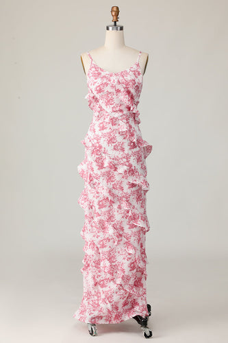Blush Flower Sheath Slit Long Wedding Guest Dress with Ruffled