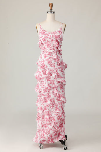Blush Flower Sheath Slit Long Wedding Guest Dress with Ruffled