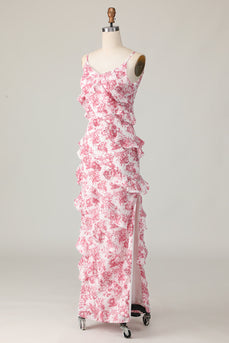 Blush Flower Sheath Slit Long Wedding Guest Dress with Ruffled