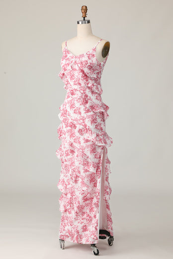 Blush Flower Sheath Slit Long Wedding Guest Dress with Ruffled