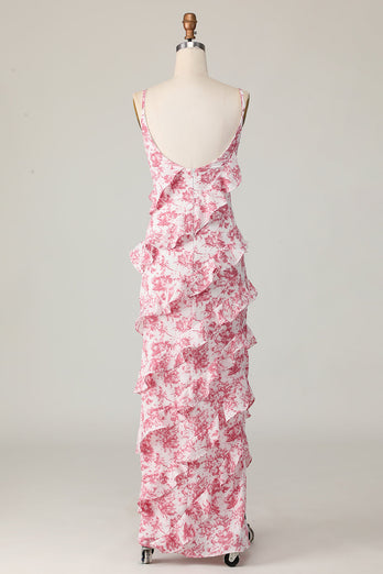 Blush Flower Sheath Slit Long Wedding Guest Dress with Ruffled
