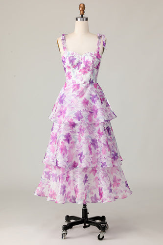 A Line Purple Flower Midi Ruffles Wedding Guest Dress