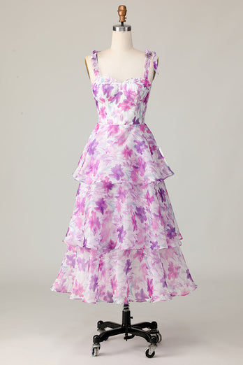 A Line Purple Flower Midi Ruffles Wedding Guest Dress
