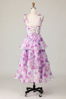 Load image into Gallery viewer, A Line Purple Flower Midi Ruffles Wedding Guest Dress