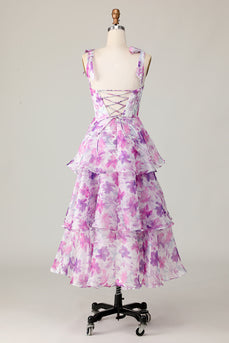 A Line Purple Flower Midi Ruffles Wedding Guest Dress