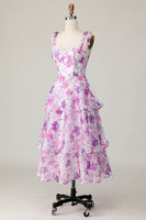 Load image into Gallery viewer, A Line Purple Flower Midi Ruffles Wedding Guest Dress