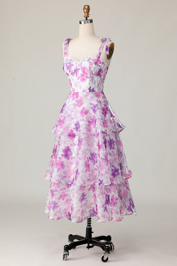 A Line Purple Flower Midi Ruffles Wedding Guest Dress