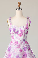 Load image into Gallery viewer, A Line Purple Flower Midi Ruffles Wedding Guest Dress