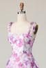 Load image into Gallery viewer, A Line Purple Flower Midi Ruffles Wedding Guest Dress