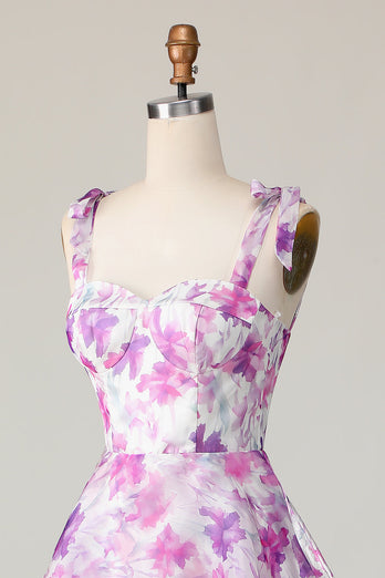A Line Purple Flower Midi Ruffles Wedding Guest Dress