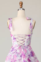 Load image into Gallery viewer, A Line Purple Flower Midi Ruffles Wedding Guest Dress