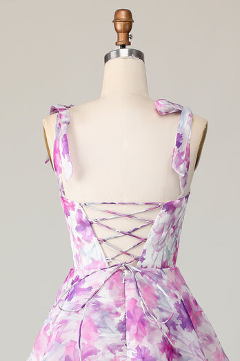 A Line Purple Flower Midi Ruffles Wedding Guest Dress