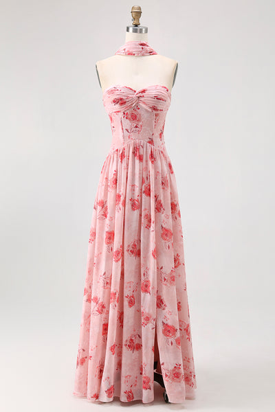 Floral Dusty Rose A Line Neck Scarf Strapless Long Bridesmaid Dress with Slit