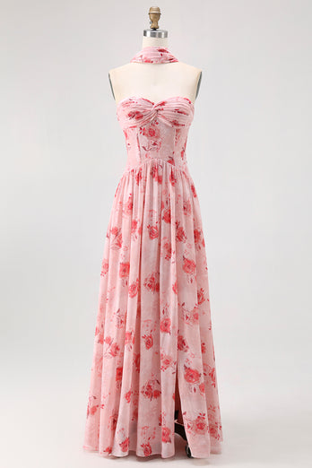 Floral Dusty Rose A Line Neck Scarf Strapless Long Bridesmaid Dress with Slit