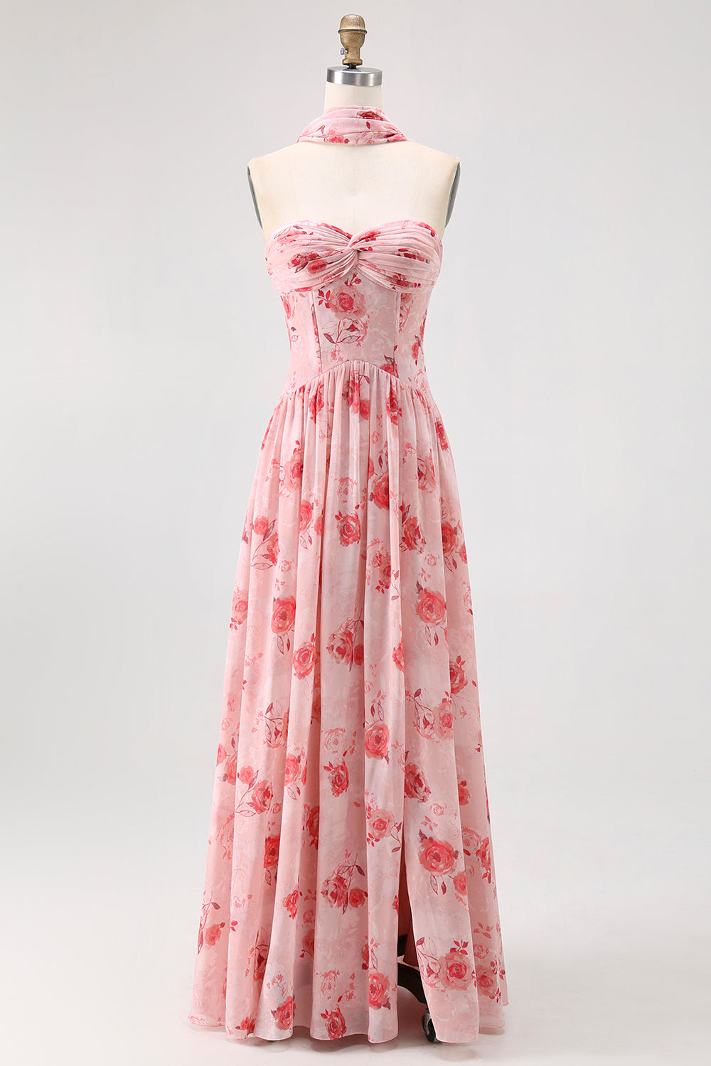 Floral Dusty Rose A Line Neck Scarf Strapless Long Bridesmaid Dress with Slit