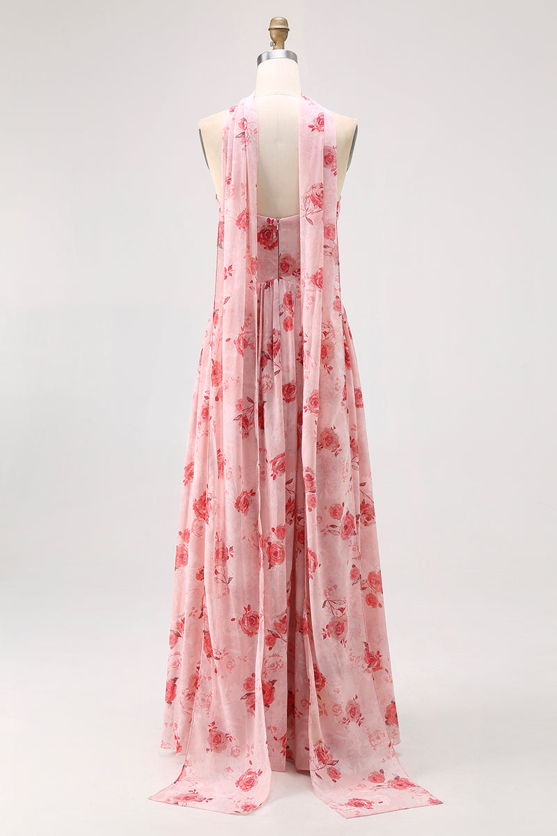 Load image into Gallery viewer, Floral Dusty Rose A Line Neck Scarf Strapless Long Bridesmaid Dress with Slit
