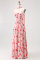 Load image into Gallery viewer, Floral Dusty Rose A Line Neck Scarf Strapless Long Bridesmaid Dress with Slit