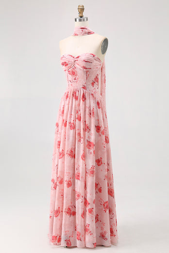 Floral Dusty Rose A Line Neck Scarf Strapless Long Bridesmaid Dress with Slit