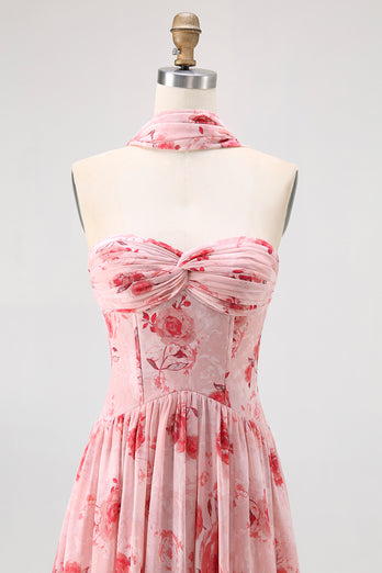 Floral Dusty Rose A Line Neck Scarf Strapless Long Bridesmaid Dress with Slit
