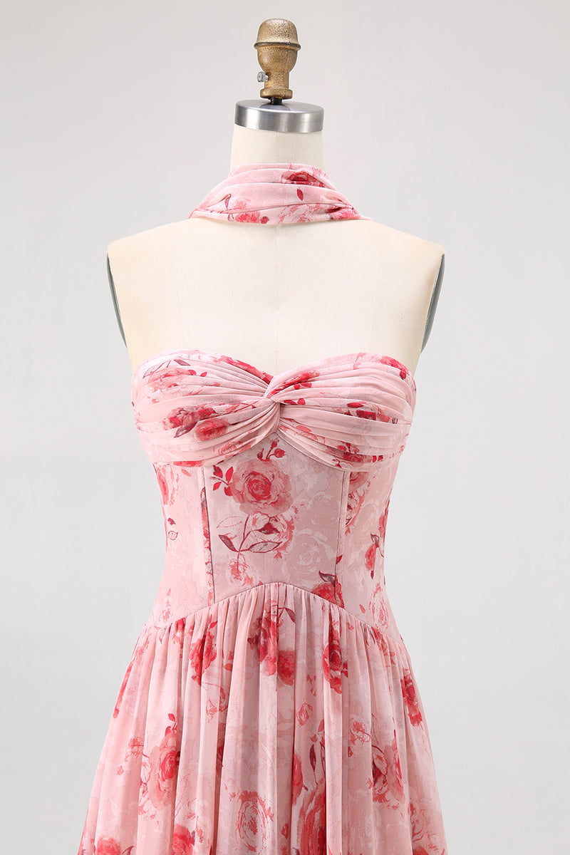 Load image into Gallery viewer, Floral Dusty Rose A Line Neck Scarf Strapless Long Bridesmaid Dress with Slit