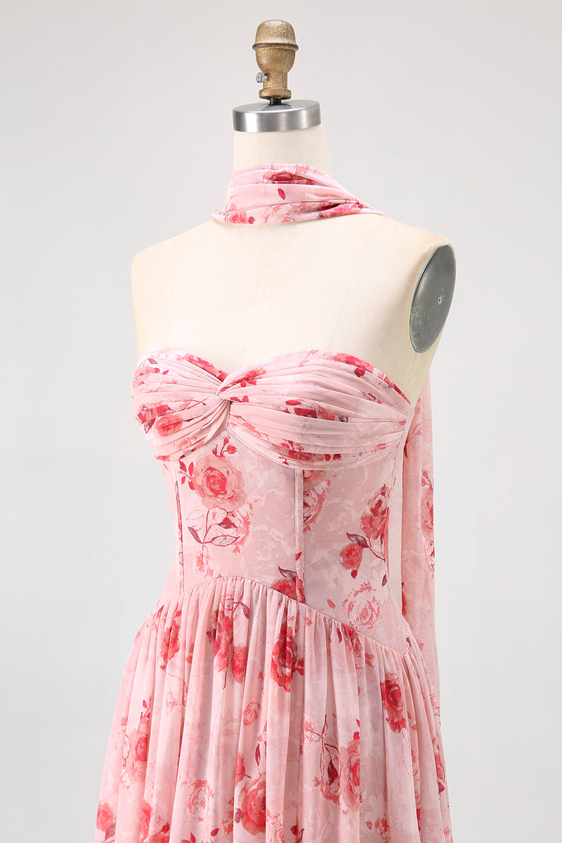 Load image into Gallery viewer, Floral Dusty Rose A Line Neck Scarf Strapless Long Bridesmaid Dress with Slit