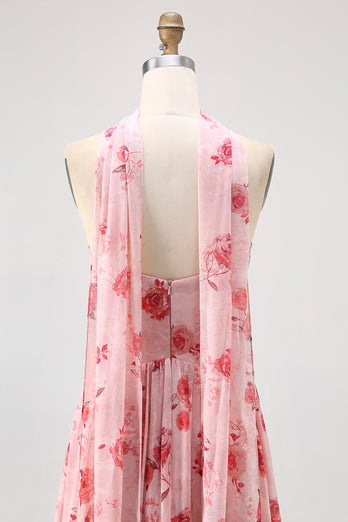 Floral Dusty Rose A Line Neck Scarf Strapless Long Bridesmaid Dress with Slit