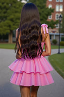 Load image into Gallery viewer, Glitter Pink Tiered Short Corset Homecoming Dress with Lace