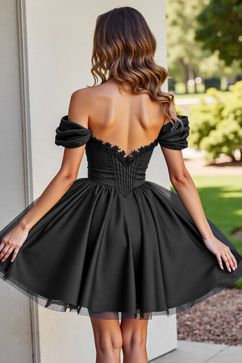 Black Corset A Line Short Tulle Homecoming Dress