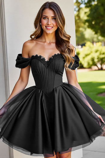 Black Corset A Line Short Tulle Homecoming Dress