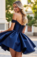 Load image into Gallery viewer, Navy A Line Satin Corset Short Homecoming Dress with Lace