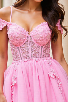 Pink A Line Tulle Short Corset Homecoming Dress with Lace