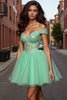 Load image into Gallery viewer, Sparkly Light Green A Line Corset Short Tulle Homecoming Dress with Lace