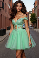 Load image into Gallery viewer, Sparkly Light Green A Line Corset Short Tulle Homecoming Dress with Lace