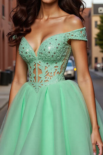 Sparkly Light Green A Line Corset Short Tulle Homecoming Dress with Lace