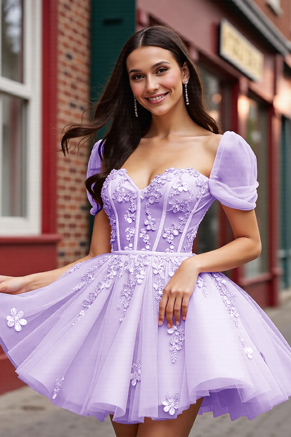 Lavender Corset Tulle Short Floral Homecoming Dress