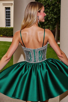 Sparkly Dark Green Short Satin Homecoming Dress with Beading