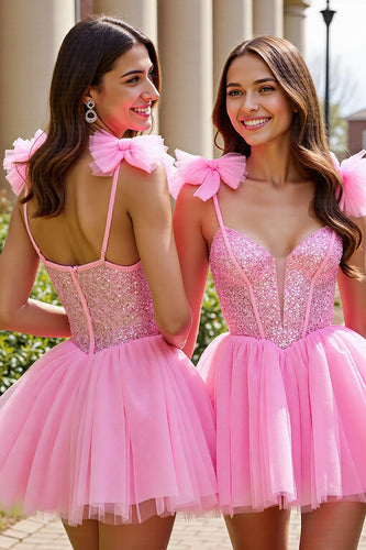 Sparkly Pink Tulle A Line Short Homecoming Dress with Sequins