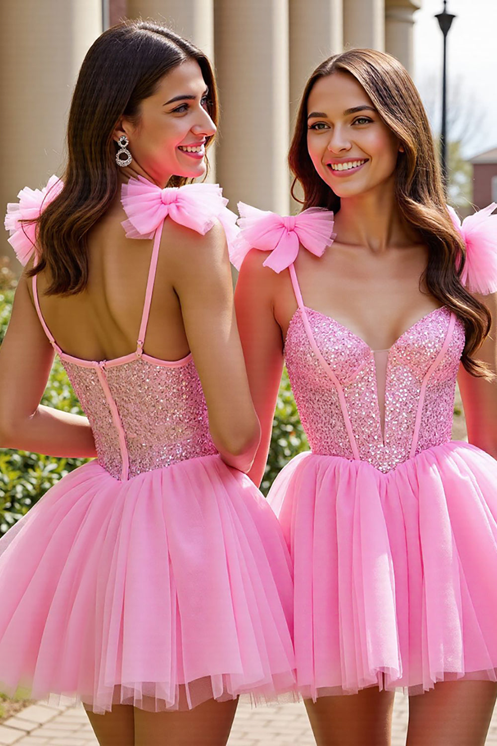 Sparkly Pink Tulle A Line Short Homecoming Dress with Sequins