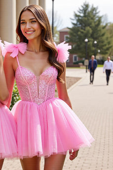 Sparkly Pink Tulle A Line Short Homecoming Dress with Sequins