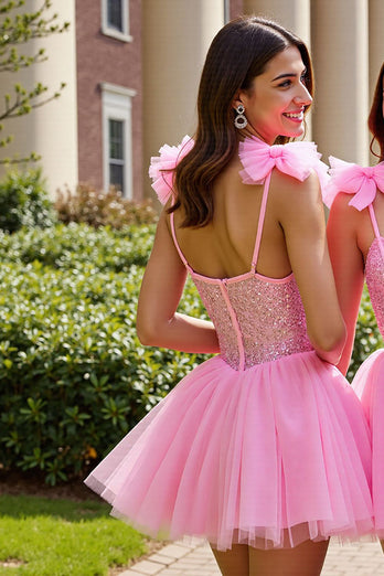 Sparkly Pink Tulle A Line Short Homecoming Dress with Sequins