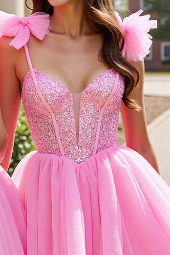 Sparkly Pink Tulle A Line Short Homecoming Dress with Sequins