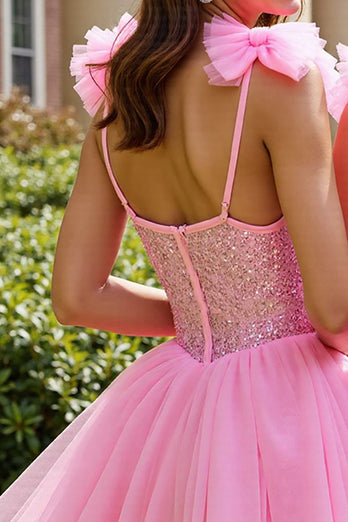 Sparkly Pink Tulle A Line Short Homecoming Dress with Sequins