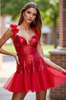 Load image into Gallery viewer, Sparkly Dark Red Sequin A Line Short Corset Homecoming Dress