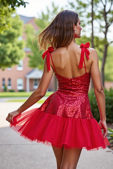Sparkly Dark Red Sequin A Line Short Corset Homecoming Dress