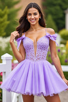 Load image into Gallery viewer, Lavender Tulle A Line Short Corset Homecoming Dress with Lace