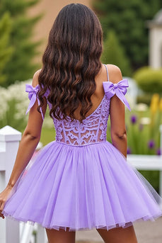 Lavender Tulle A Line Short Corset Homecoming Dress with Lace