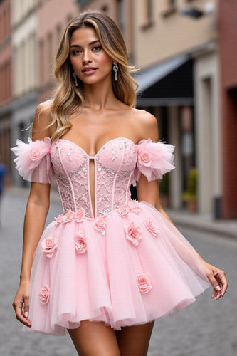 Floral Blush Corset Short Homecoming Dress with Lace