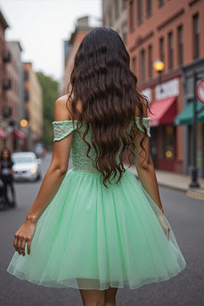 Sparkly Mint Green Tulle Short Corset Homecoming Dress with Beading